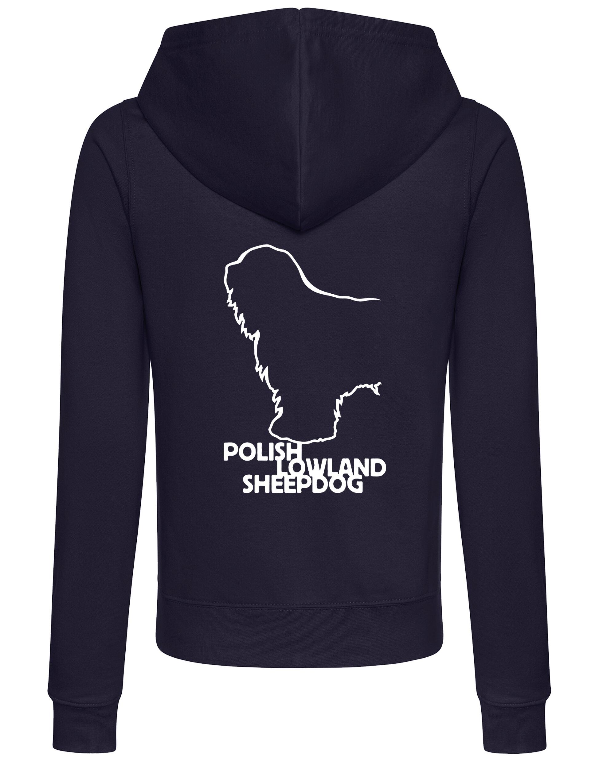 Polish Lowland Sheepdog Women’s Zipped Hoodie featuring exclusive breed artwork, full-zip closure, cozy hood, and practical pockets for all-day comfort and style.