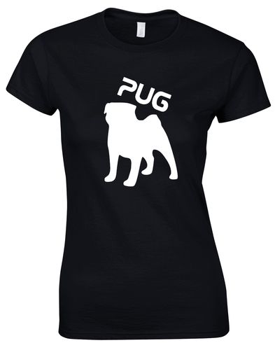 Female Roundneck T-shirt featuring an exclusive Pug (Silhouette) design, crafted from premium breathable cotton for all-day comfort and a flattering feminine fit, perfect for Pug enthusiasts.