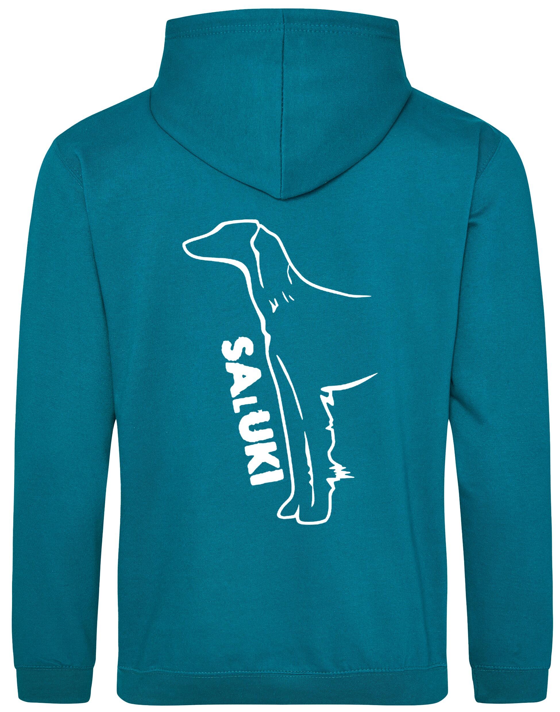 Saluki Design Pullover Hoodie featuring exclusive breed artwork, soft fleece interior, heavy-blend fabric, kangaroo pouch pocket, ribbed cuffs, and double-fabric hood with personalization options for breed enthusiasts.