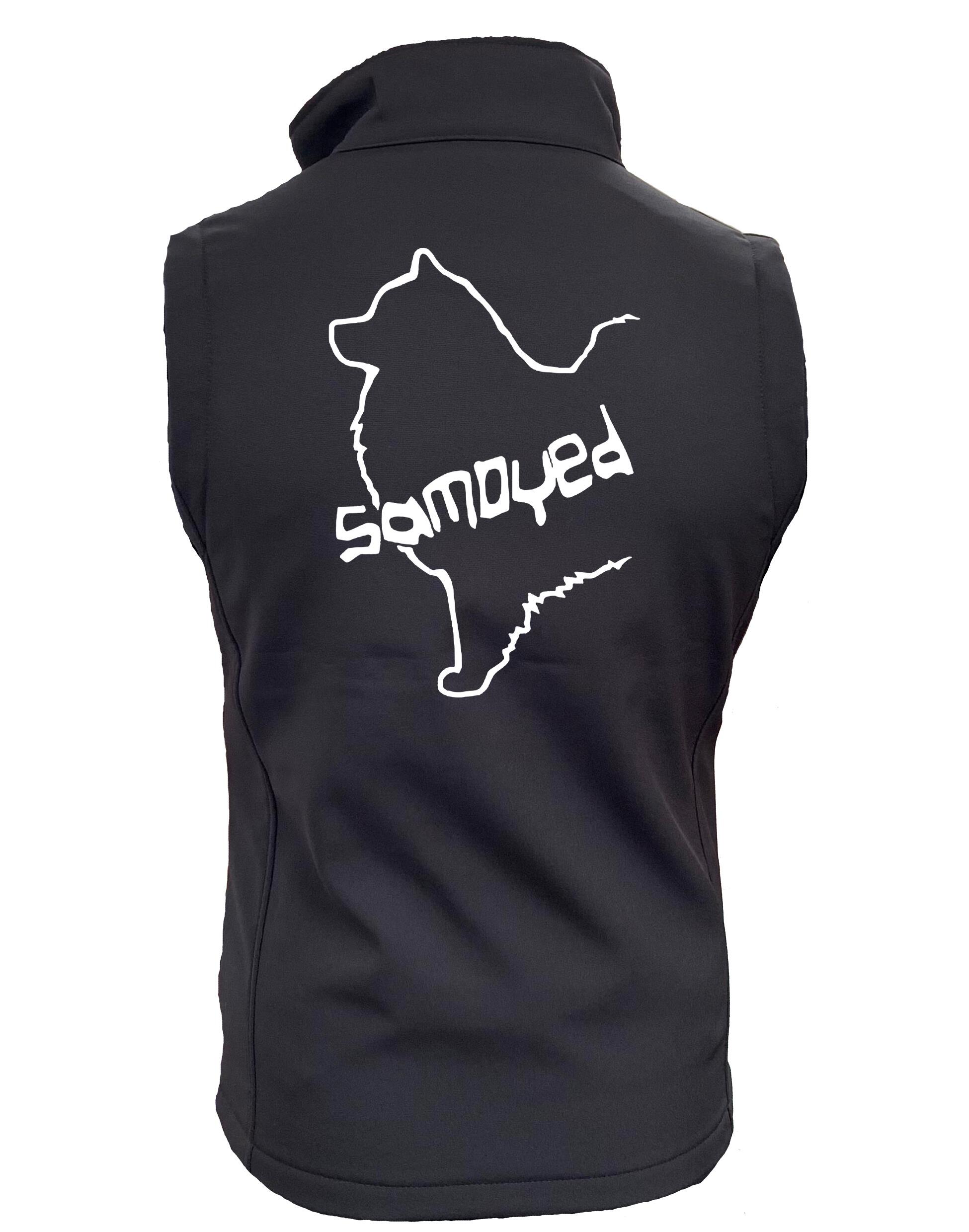 Samoyed Women’s Softshell Jacket featuring exclusive breed artwork, water-resistant fabric, soft fleece lining, flattering feminine fit, and polished style for Samoyed enthusiasts.