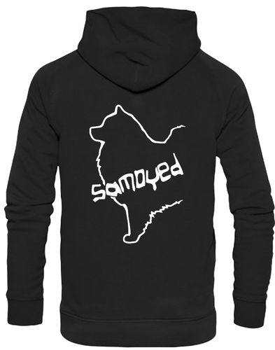 Samoyed Design Pullover Hoodie featuring exclusive breed artwork, soft fleece interior, heavy-blend fabric, kangaroo pouch pocket, ribbed cuffs, and double-fabric hood with personalization options for breed enthusiasts.