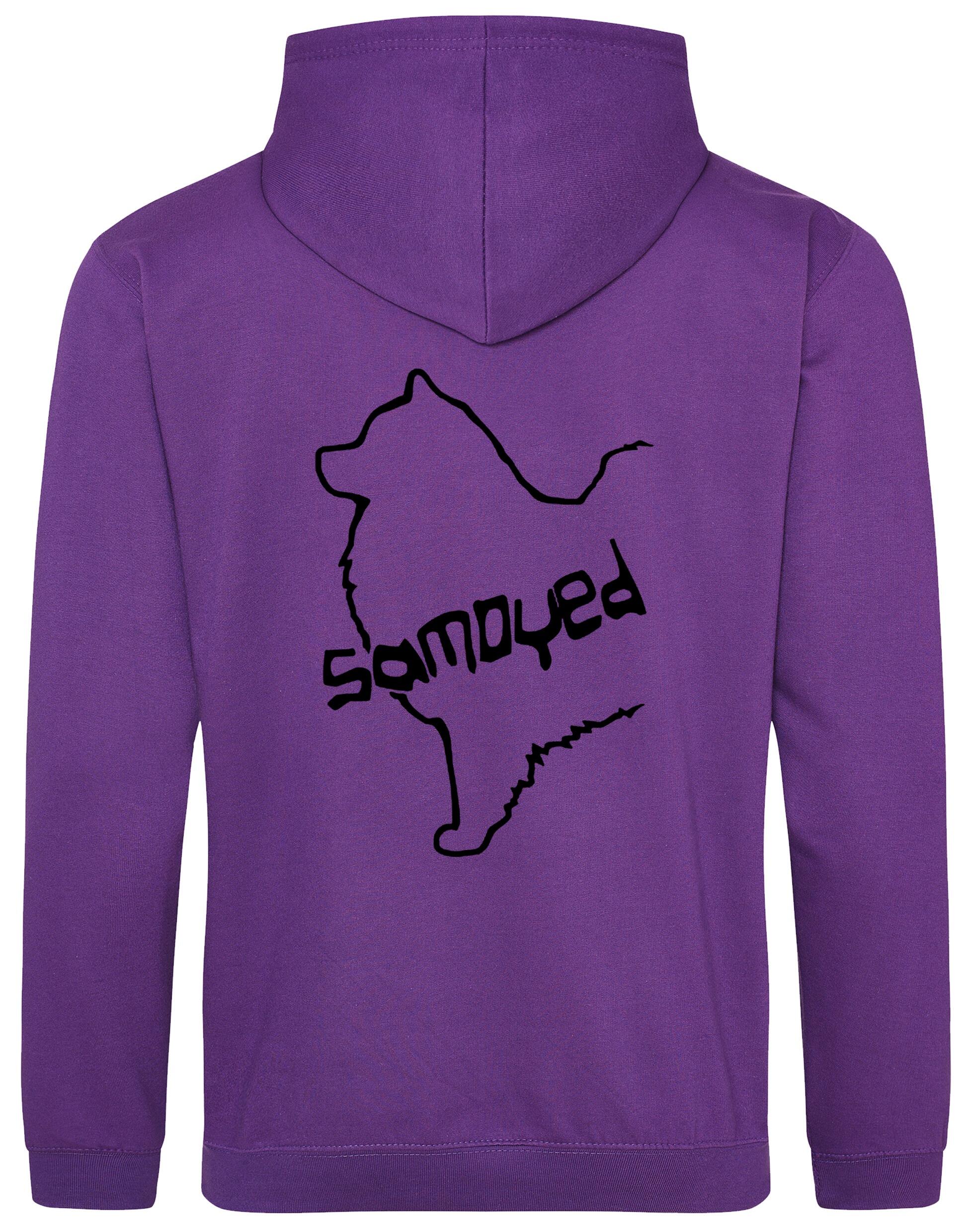 Samoyed Design Pullover Hoodie featuring exclusive breed artwork, soft fleece interior, heavy-blend fabric, kangaroo pouch pocket, ribbed cuffs, and double-fabric hood with personalization options for breed enthusiasts.