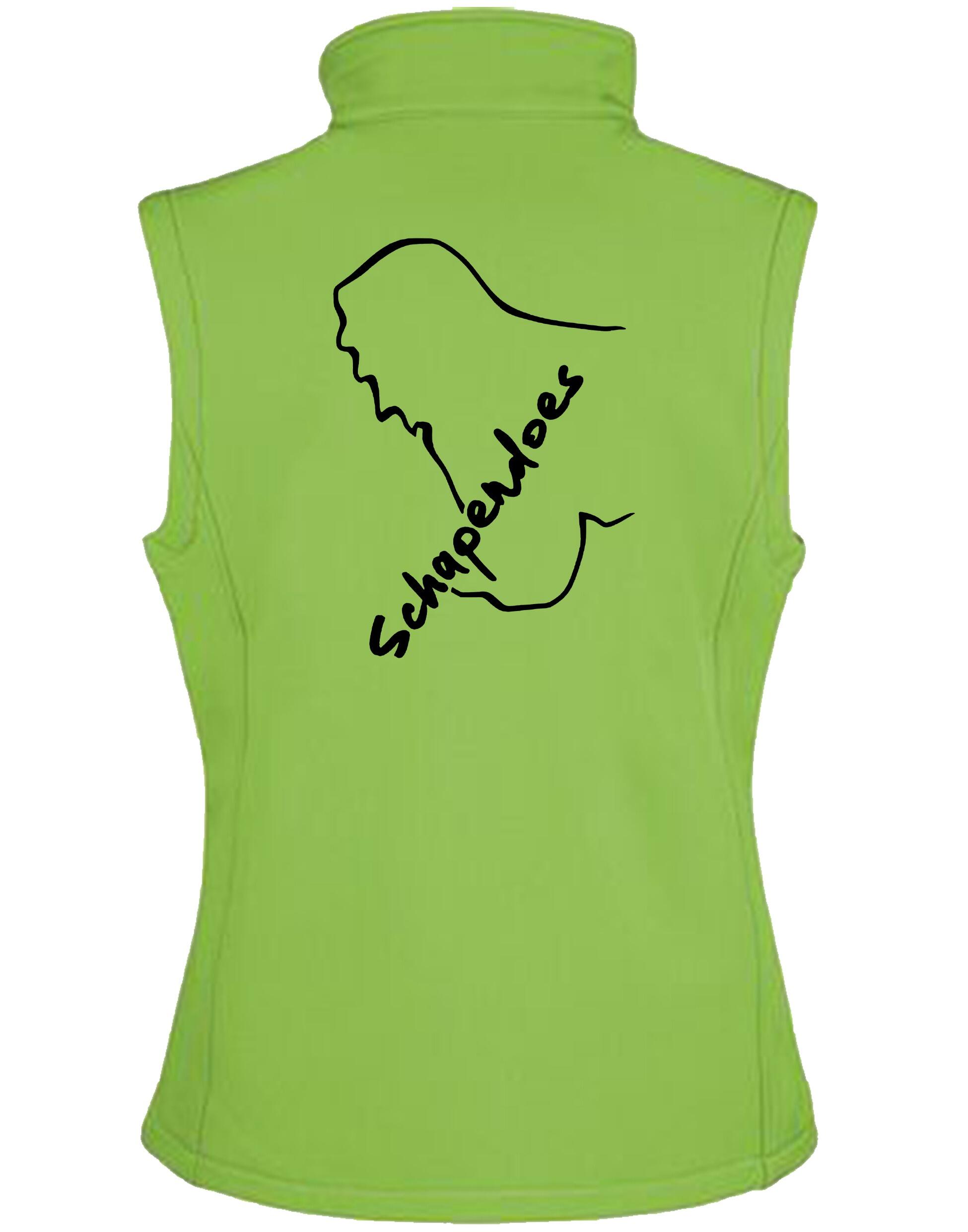 Schapendoes Women’s Softshell Gilet featuring exclusive breed artwork, water-resistant fabric, flattering tailored fit, full-zip front, and personalization options designed for stylish comfort and breed pride.