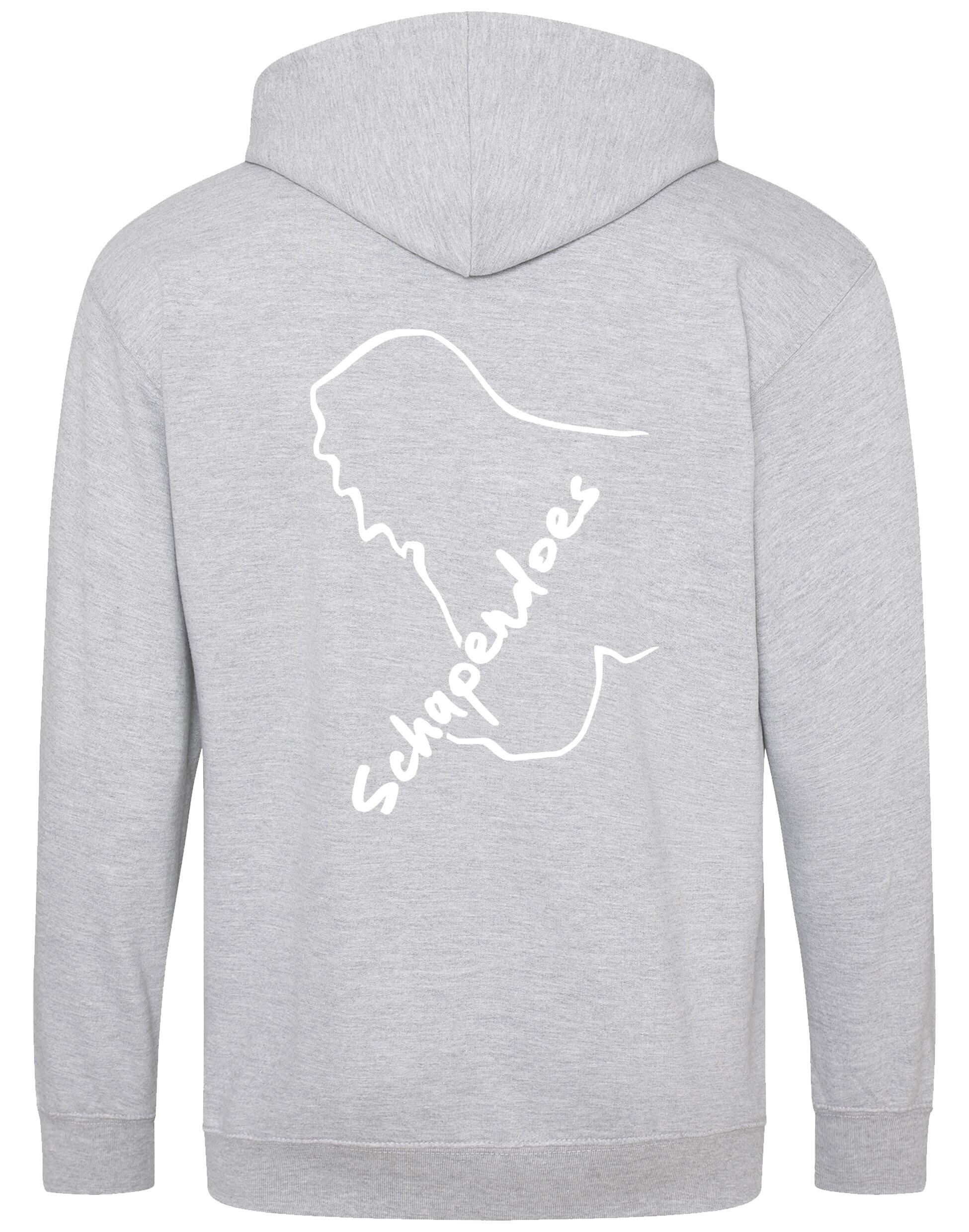 Schapendoes Zipped Hoodie featuring exclusive breed artwork, soft brushed fleece lining, double-fabric hood, front pockets, full-zip closure, and personalization options for stylish comfort and breed pride.