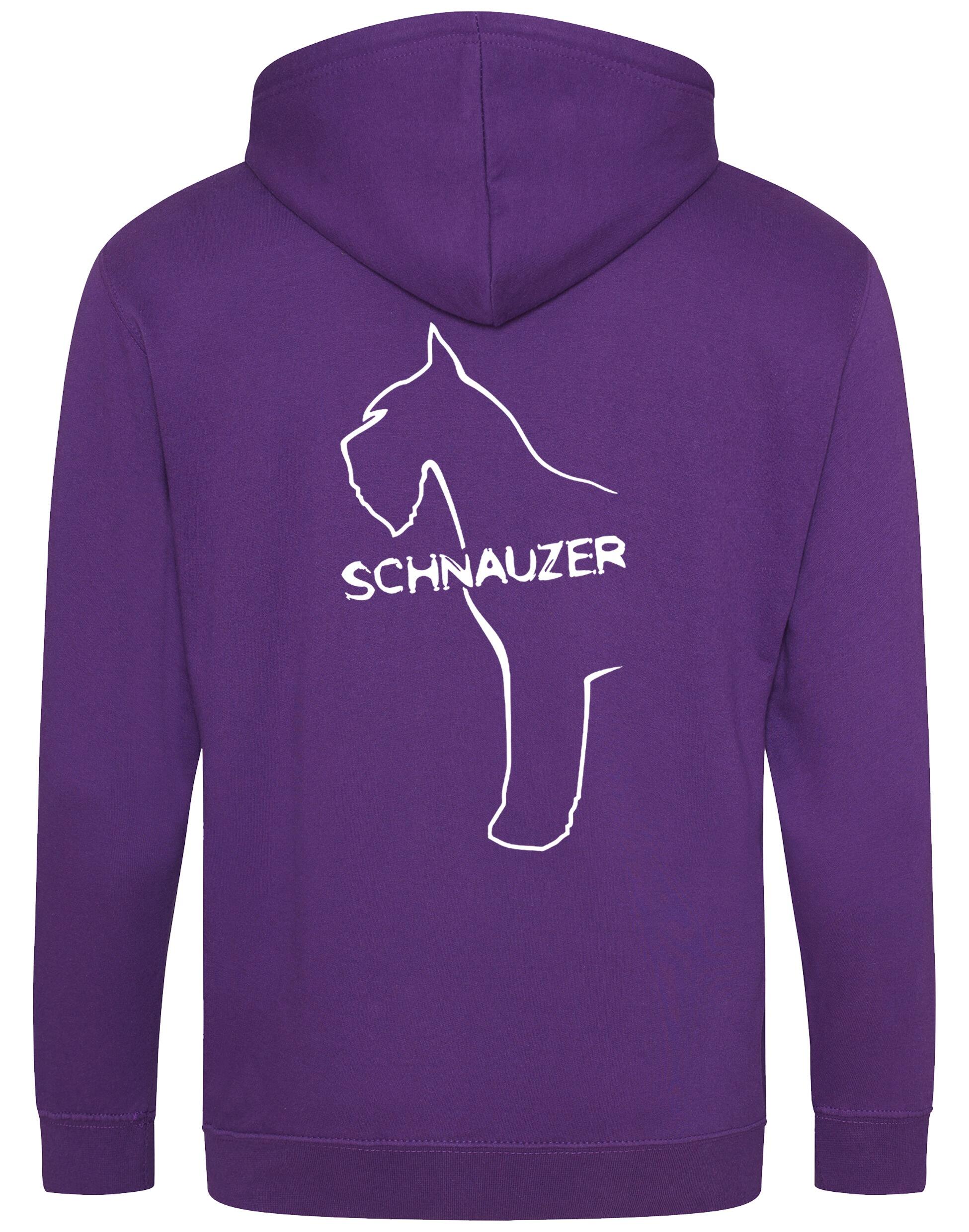 Schnauzer Zipped Hoodie featuring exclusive breed artwork on the back and paw prints on the front, made from durable heavy-blend fabric with a cozy brushed fleece interior, full-zip closure, double-fabric hood, and spacious front pockets.