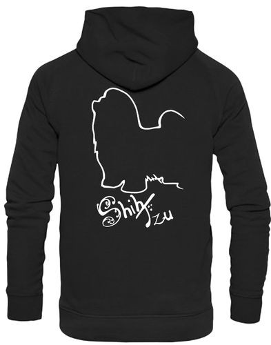 Shih Tzu pullover hoodie with exclusive breed artwork on the back and paw prints on the front, featuring a soft fleece lining, kangaroo pocket, and customizable text options—designed for dog lovers who want both warmth and style.