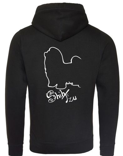 Unisex Shih Tzu crossneck hoodie with fleece lining and detailed breed design on the back, featuring kangaroo pocket and modern collar style.
