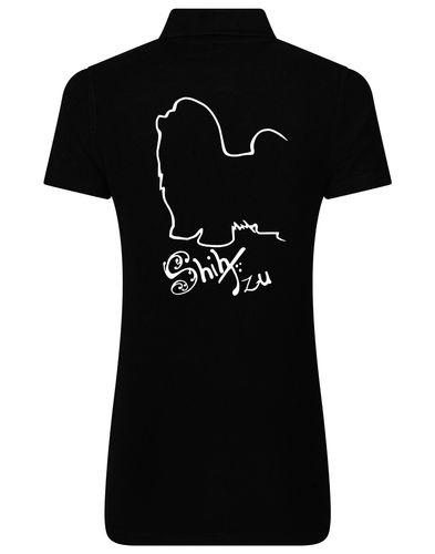 Women’s cotton polo shirt featuring exclusive Shih Tzu artwork on the back, with a flattering feminine fit, breathable fabric, and classic collar—ideal for casual wear or dog events.