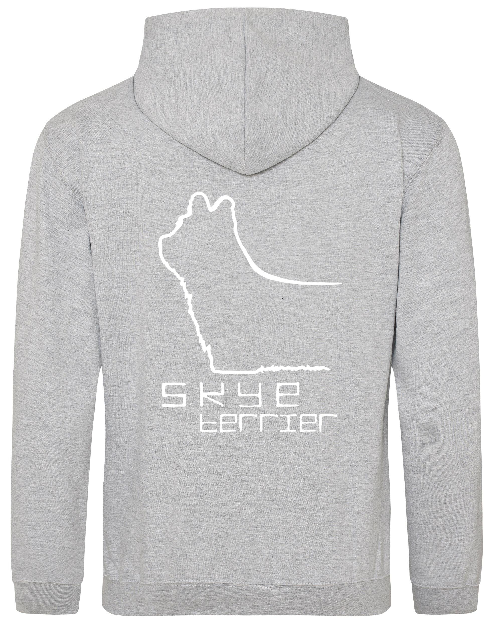 Pullover hoodie featuring exclusive Skye Terrier artwork on the back and paw prints on the front, with a brushed fleece interior, double-fabric hood, and kangaroo pocket. Ideal for Skye Terrier lovers seeking comfort and style.
