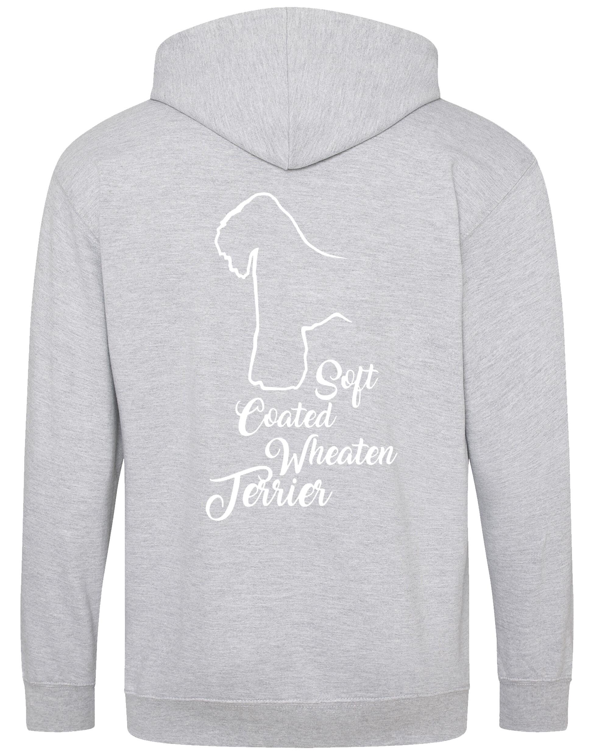Soft Coated Wheaten Terrier zipped hoodie with breed artwork on the back and paw prints on the front, fleece-lined for warmth