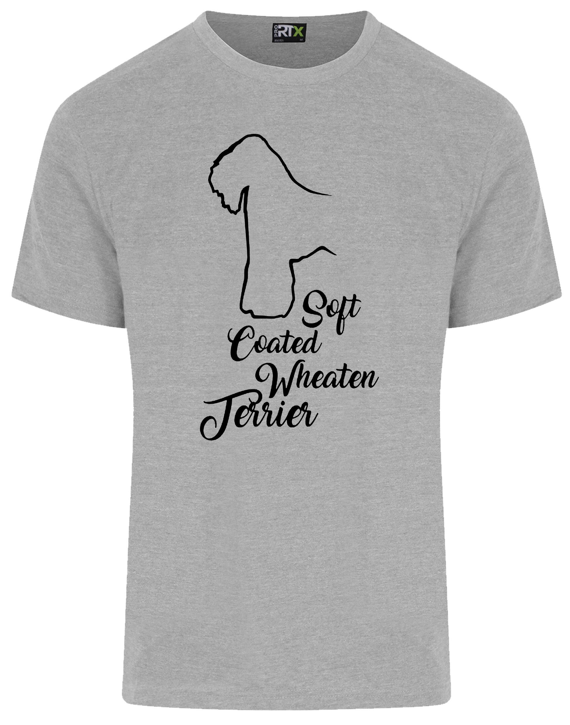 Unisex roundneck T-shirt with Soft Coated Wheaten Terrier artwork on the front, breathable cotton with relaxed fit