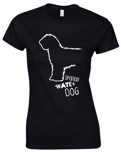 Female Roundneck T-shirt featuring Spanish Water Dog artwork on the front. Made from soft, breathable cotton with a tailored feminine fit and classic round neckline—perfect for breed lovers.