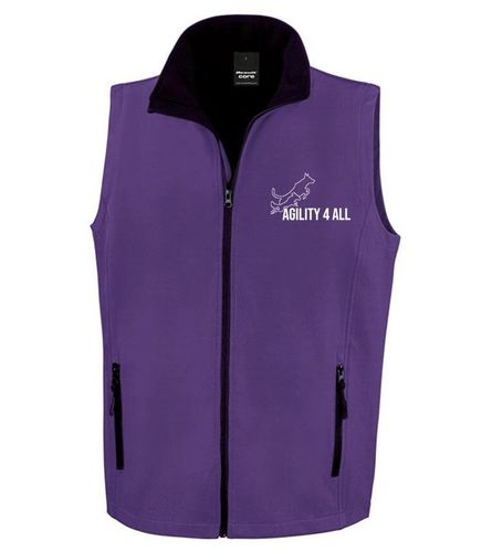Agility 4 All Official Clothing - Purple Male Softshell Gilet Front - White Printed Logo
