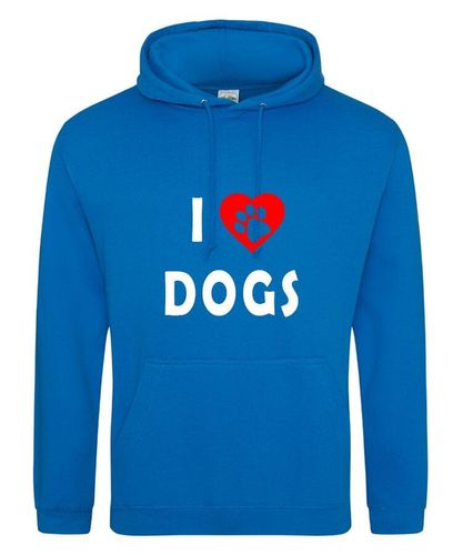 I Heart Dogs Design on a Sapphire Blue Pullover Hoodie White Print