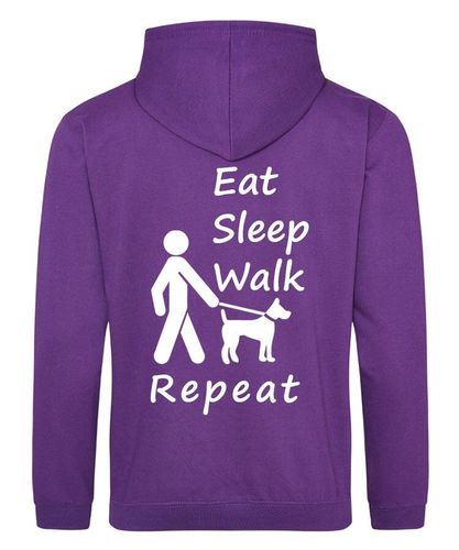 Eat Sleep Walk Repeat Design on a Purple Pullover Hoodie White Print