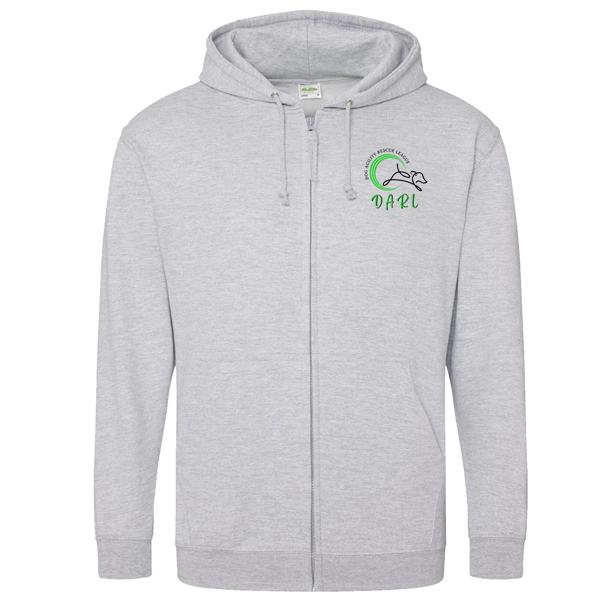 DARL Official Heather Grey Unisex Zipped Hoodie with logo, designed for comfort, durability, and style, supporting the Dog Agility Rescue League. A perfect fit for anyone who wants fashion with a purpose.