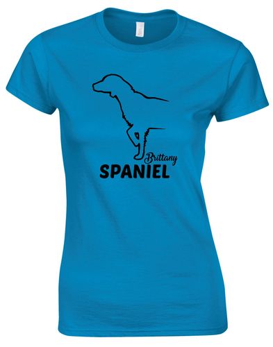 Female Brittany Spaniel Roundneck T-Shirt Sapphire Blue (Black)