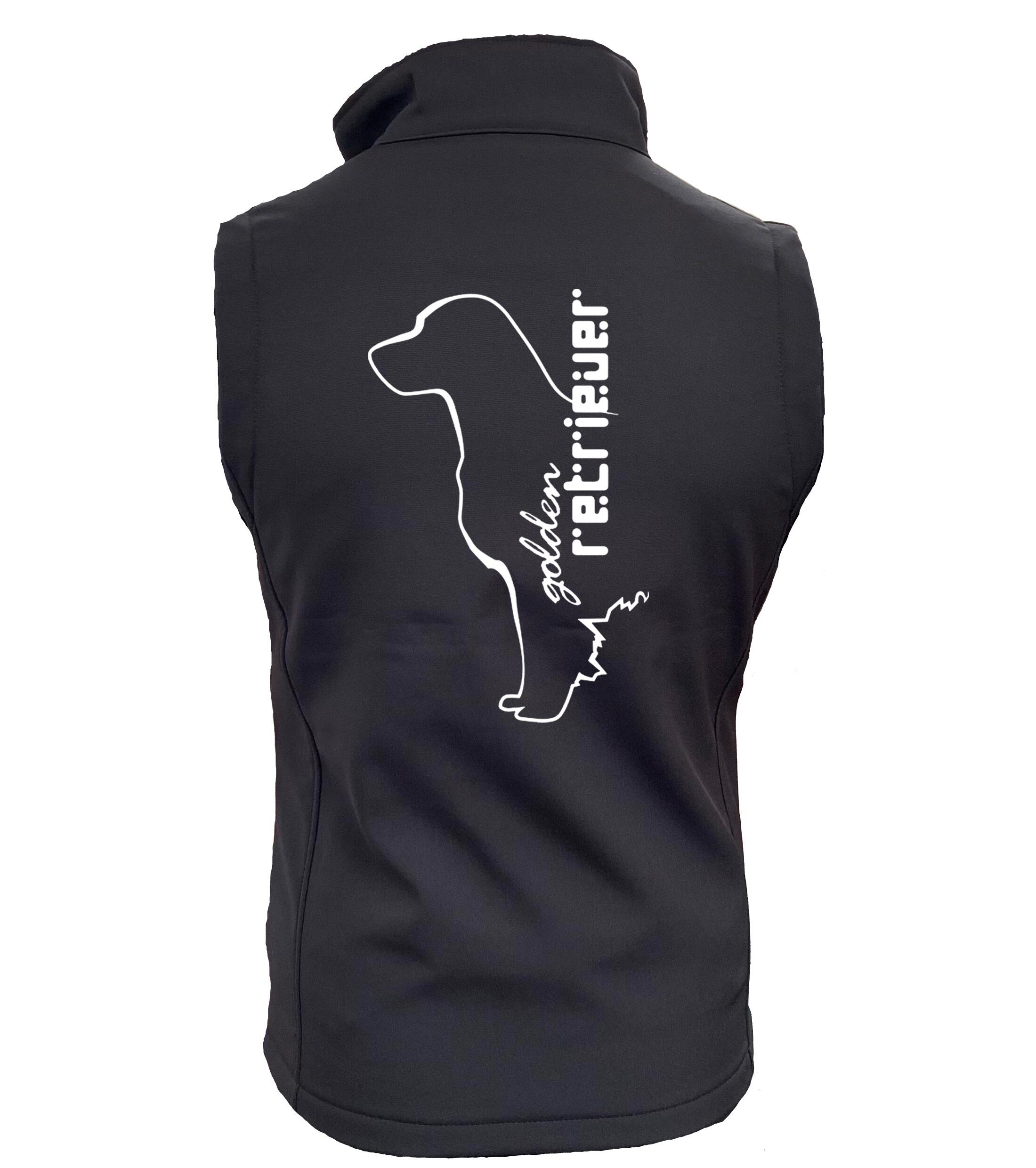 Unisex Softshell Gilet featuring an exclusive Golden Retriever design, crafted from water-resistant fabric with fleece lining, providing warmth, style, and practicality for dog lovers.