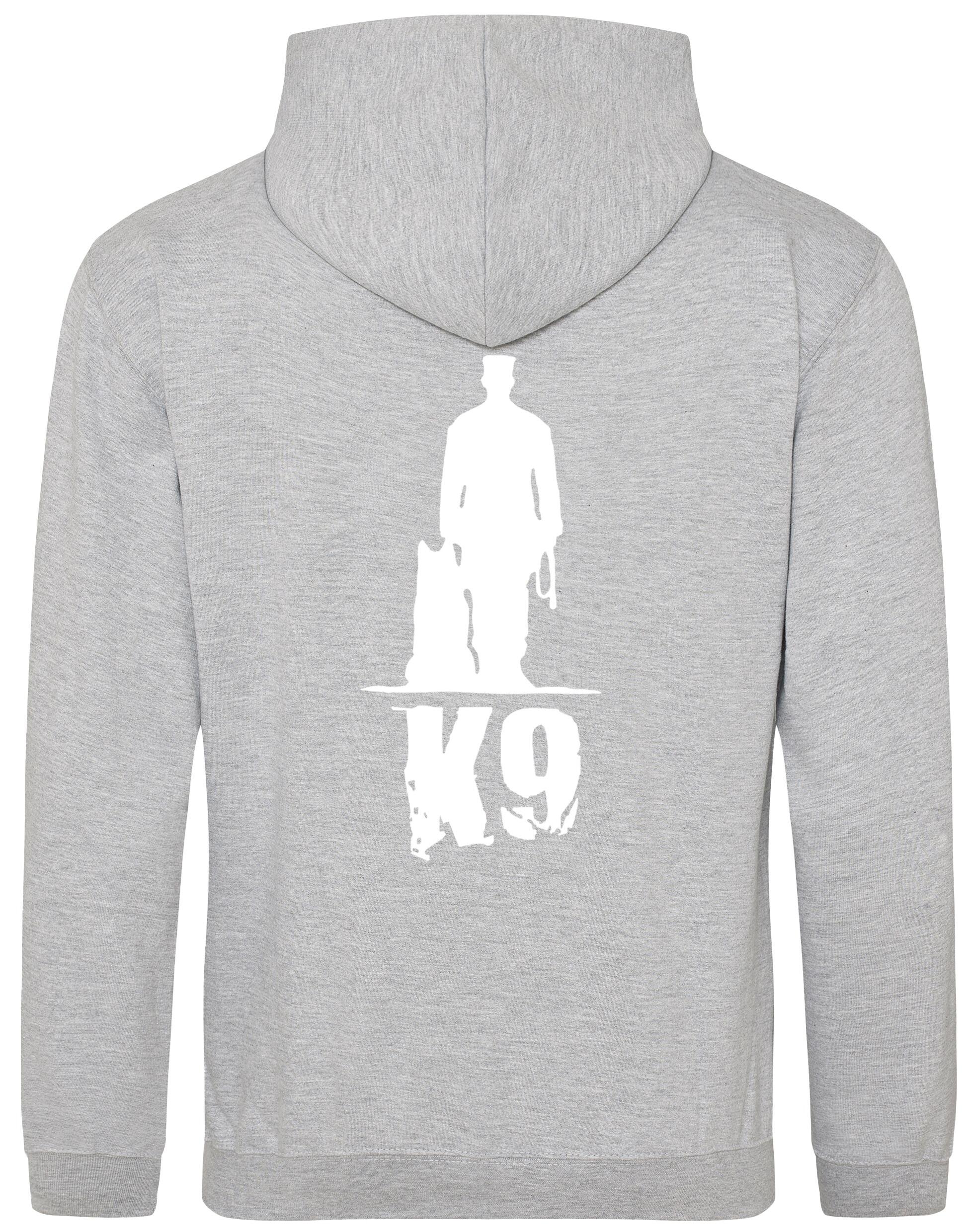 K9 pullover hoodie with exclusive artwork, brushed fleece interior, and personalization options, perfect for dog lovers at events or casual outings.