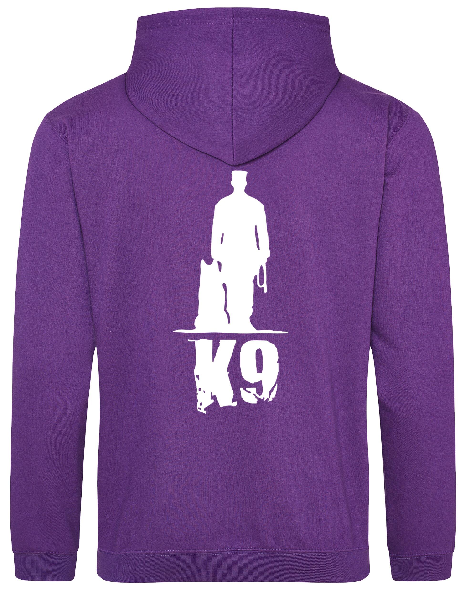 K9 pullover hoodie with exclusive artwork, brushed fleece interior, and personalization options, perfect for dog lovers at events or casual outings.