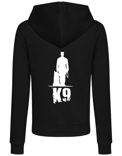 K9 women’s zipped hoodie featuring exclusive artwork, a full-zip closure, and practical pockets, designed for style and comfort in any activity.