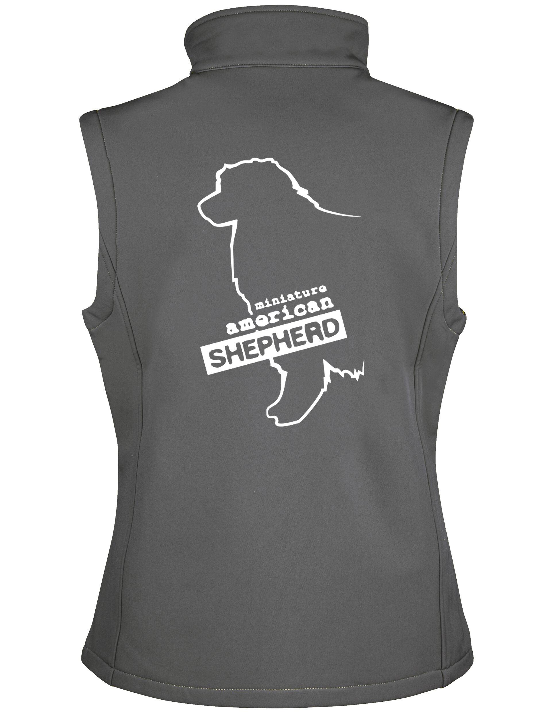 Miniature American Shepherd Women’s Softshell Gilet with water-resistant fabric, fleece lining, and customisable breed artwork for stylish outdoor wear.