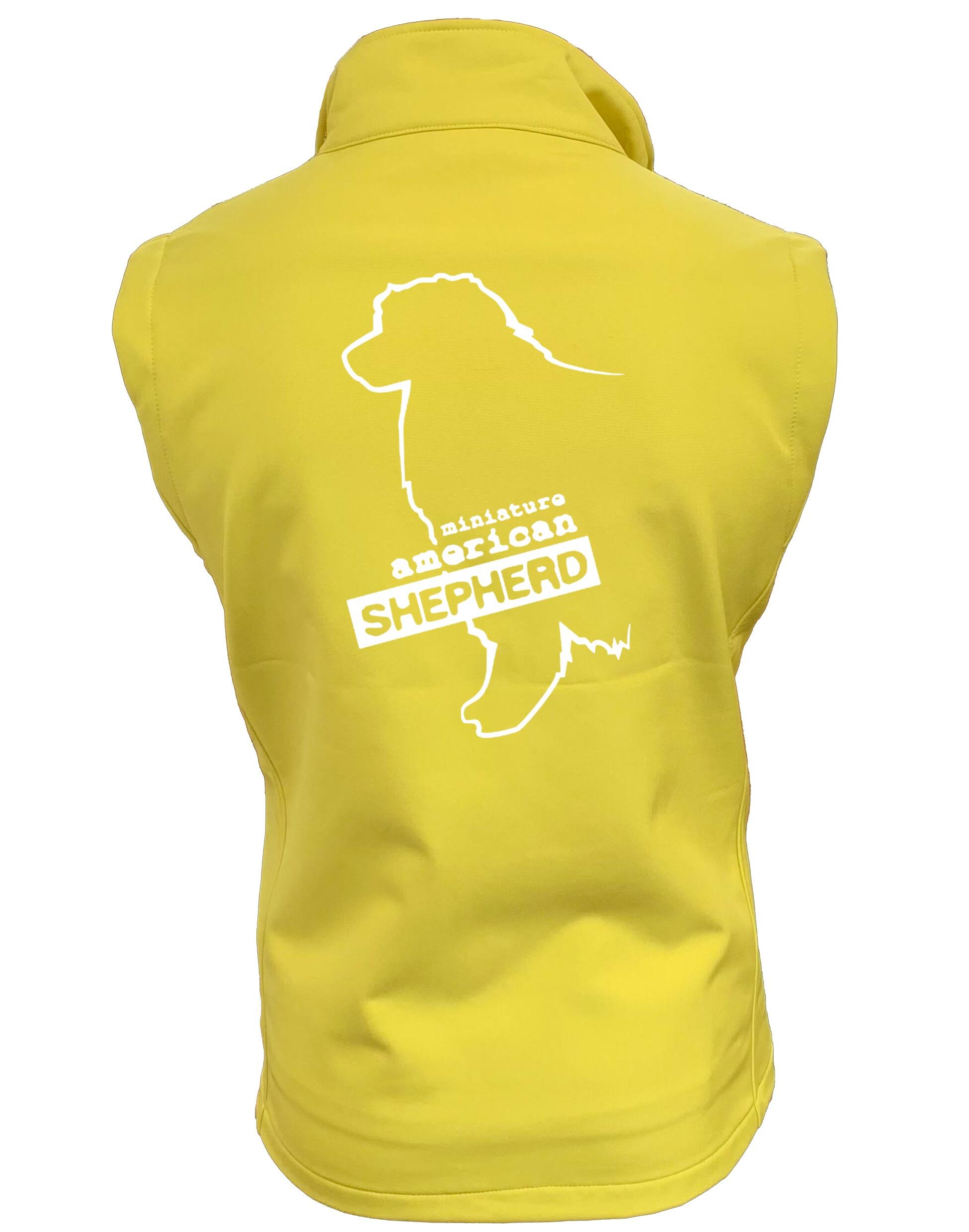 Miniature American Shepherd Women’s Softshell Gilet with water-resistant fabric, fleece lining, and customisable breed artwork for stylish outdoor wear.