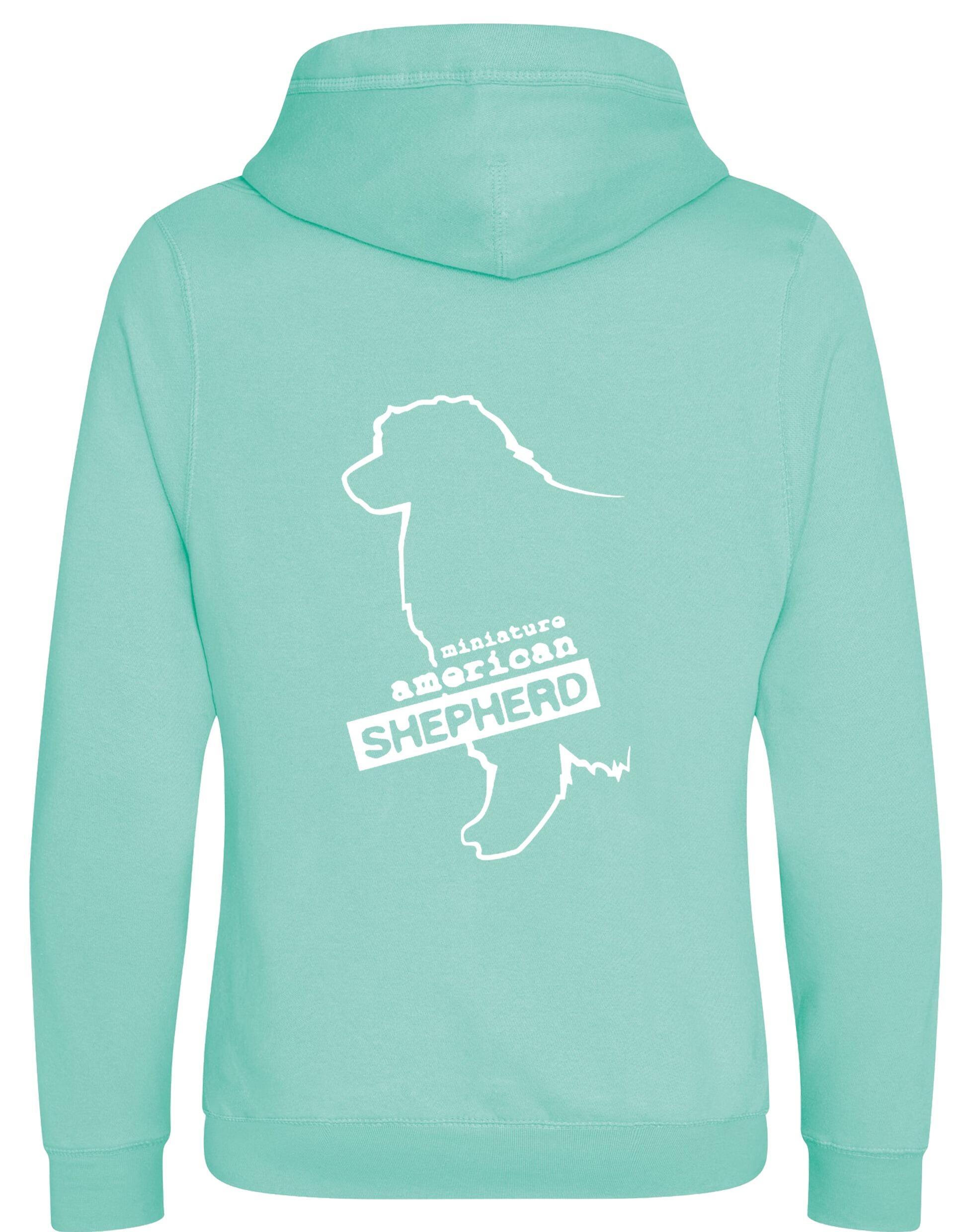 Miniature American Shepherd Crossneck Pullover Hoodie featuring exclusive breed artwork, soft fleece lining, and a stylish modern design.