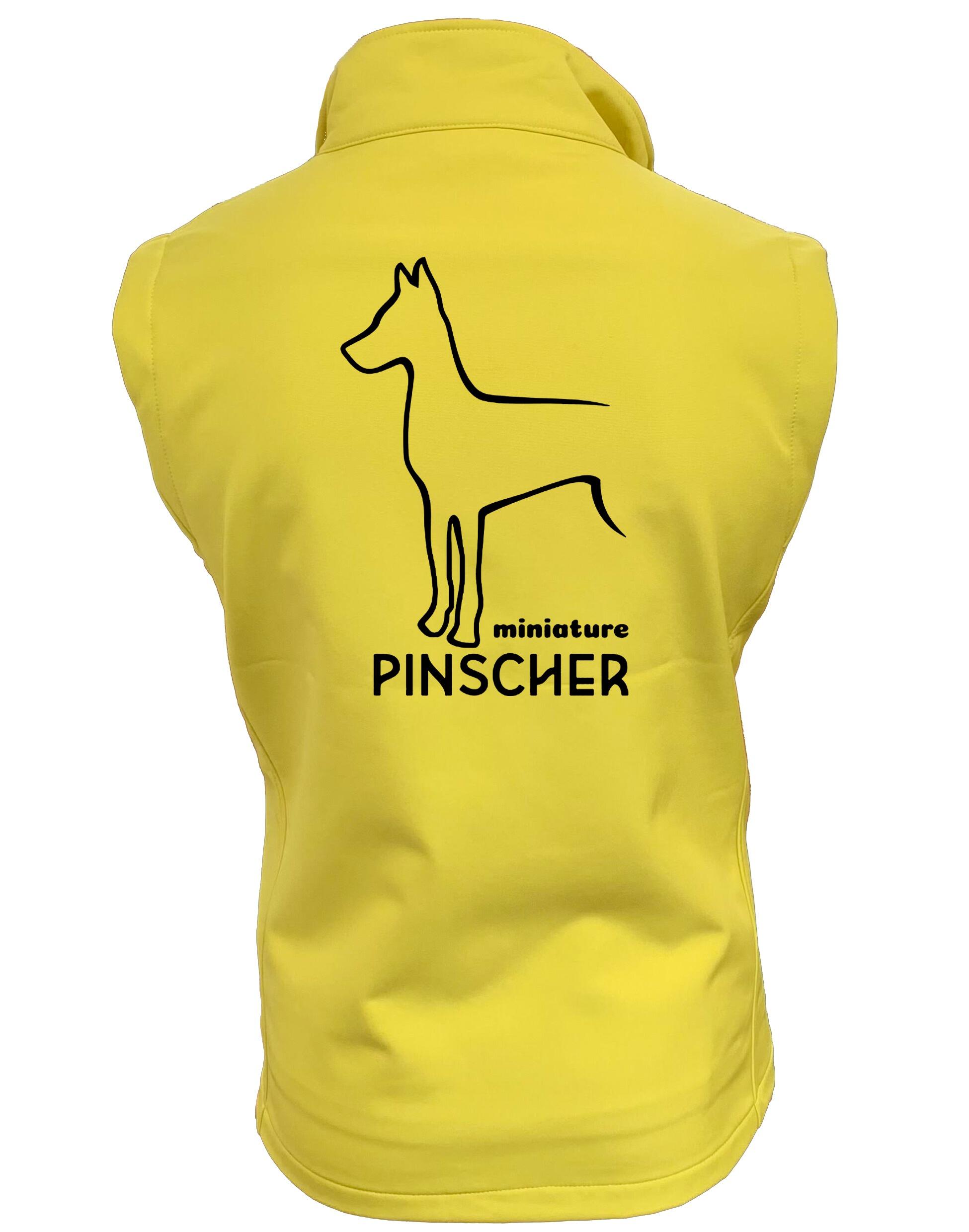 Miniature Pinscher Unisex Softshell Gilet with water-resistant fabric, fleece lining, and exclusive breed artwork for stylish outdoor comfort.