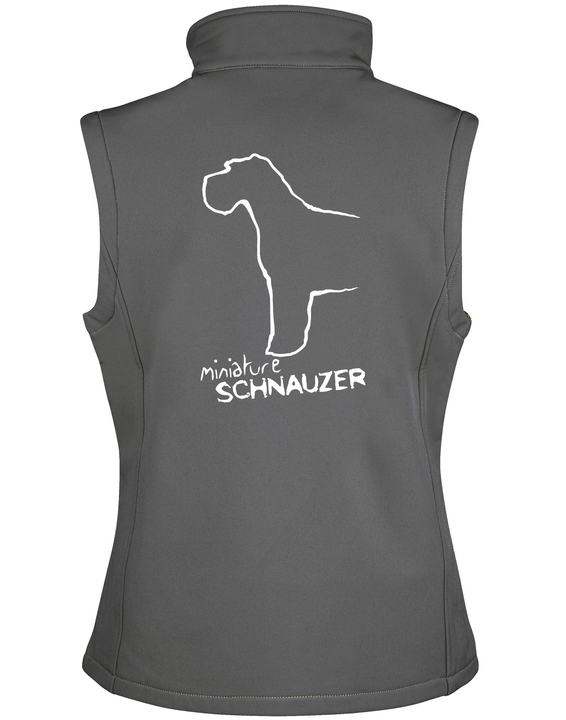 Miniature Schnauzer Women’s Softshell Gilet with water-resistant fabric, fleece lining, and exclusive breed artwork for comfort and style.