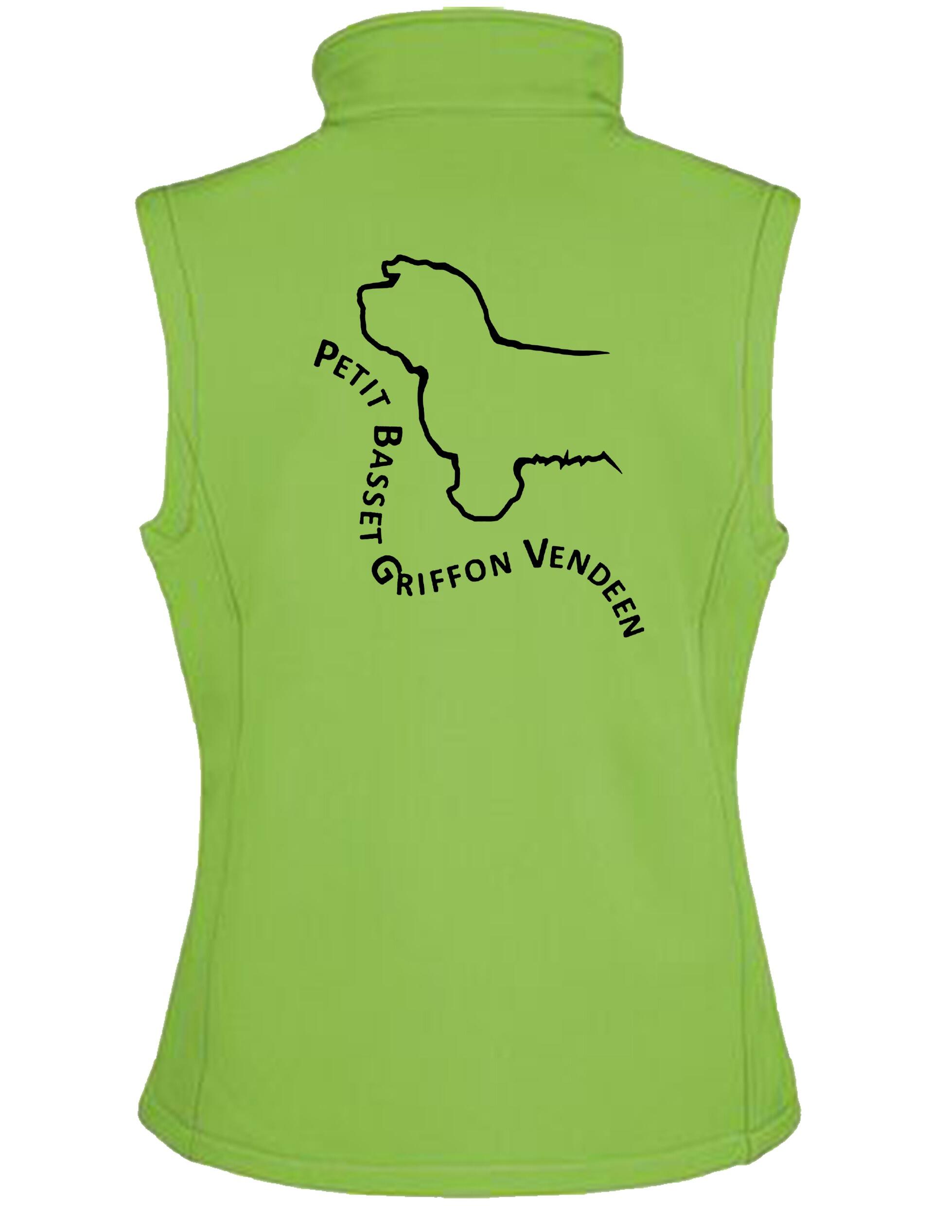 Petit Basset Griffon Vendéen Women’s Softshell Gilet – water-resistant, fleece-lined gilet with an exclusive breed design, full-zip front, tailored women’s fit, and personalization options.