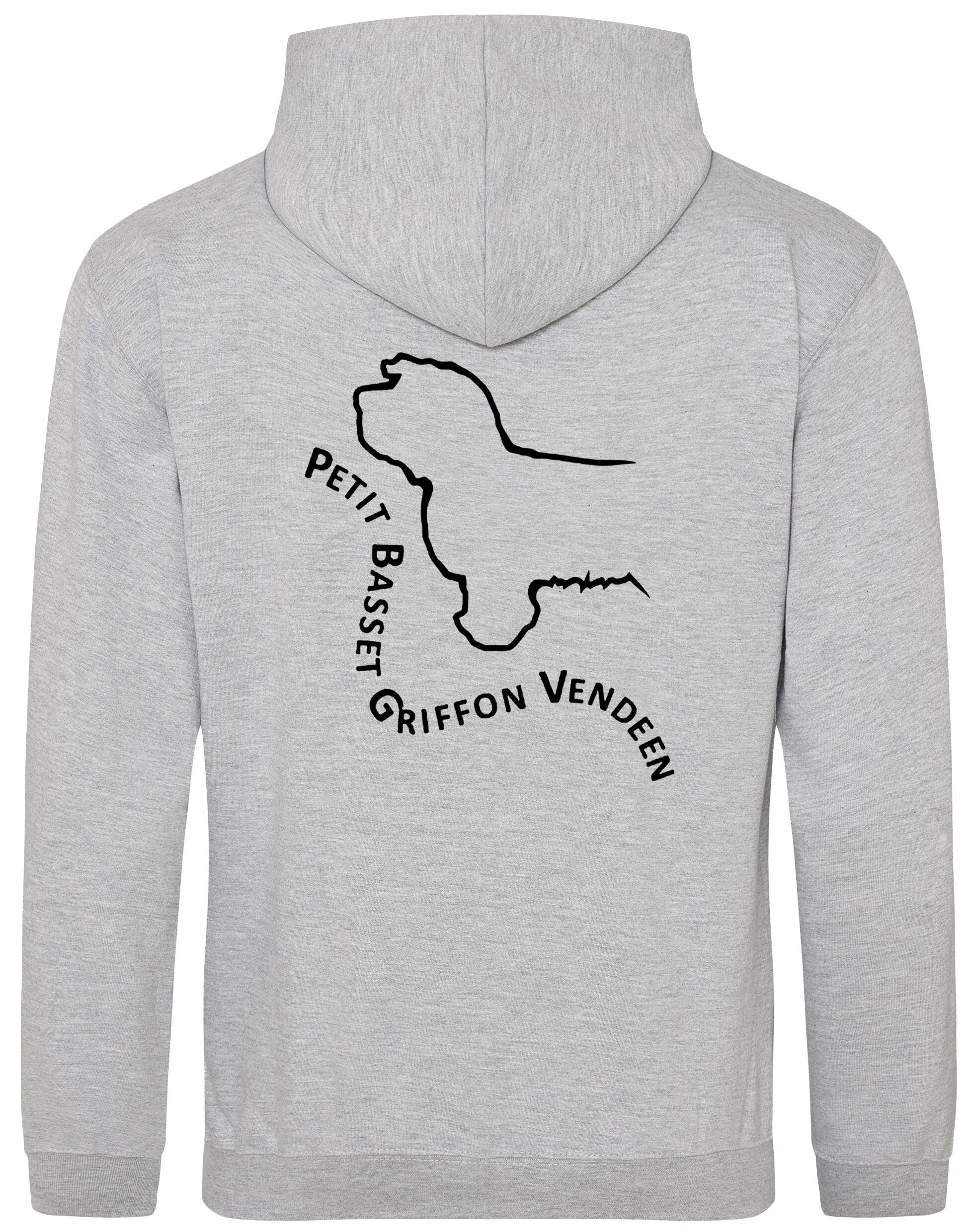 Petit Basset Griffon Vendéen Pullover Hoodie – warm fleece-lined hoodie featuring exclusive breed artwork, personalization options, a kangaroo pouch pocket, ribbed cuffs, and a double-fabric hood.