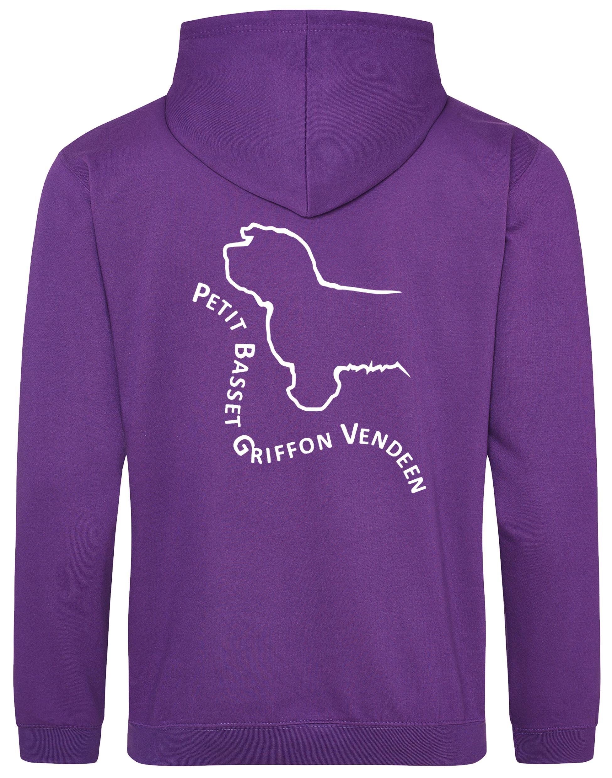 Petit Basset Griffon Vendéen Pullover Hoodie – warm fleece-lined hoodie featuring exclusive breed artwork, personalization options, a kangaroo pouch pocket, ribbed cuffs, and a double-fabric hood.