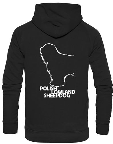 Polish Lowland Sheepdog Pullover Hoodie featuring exclusive breed artwork, heavy-blend fleece lining, kangaroo pocket, and a double-fabric hood for warmth and style.