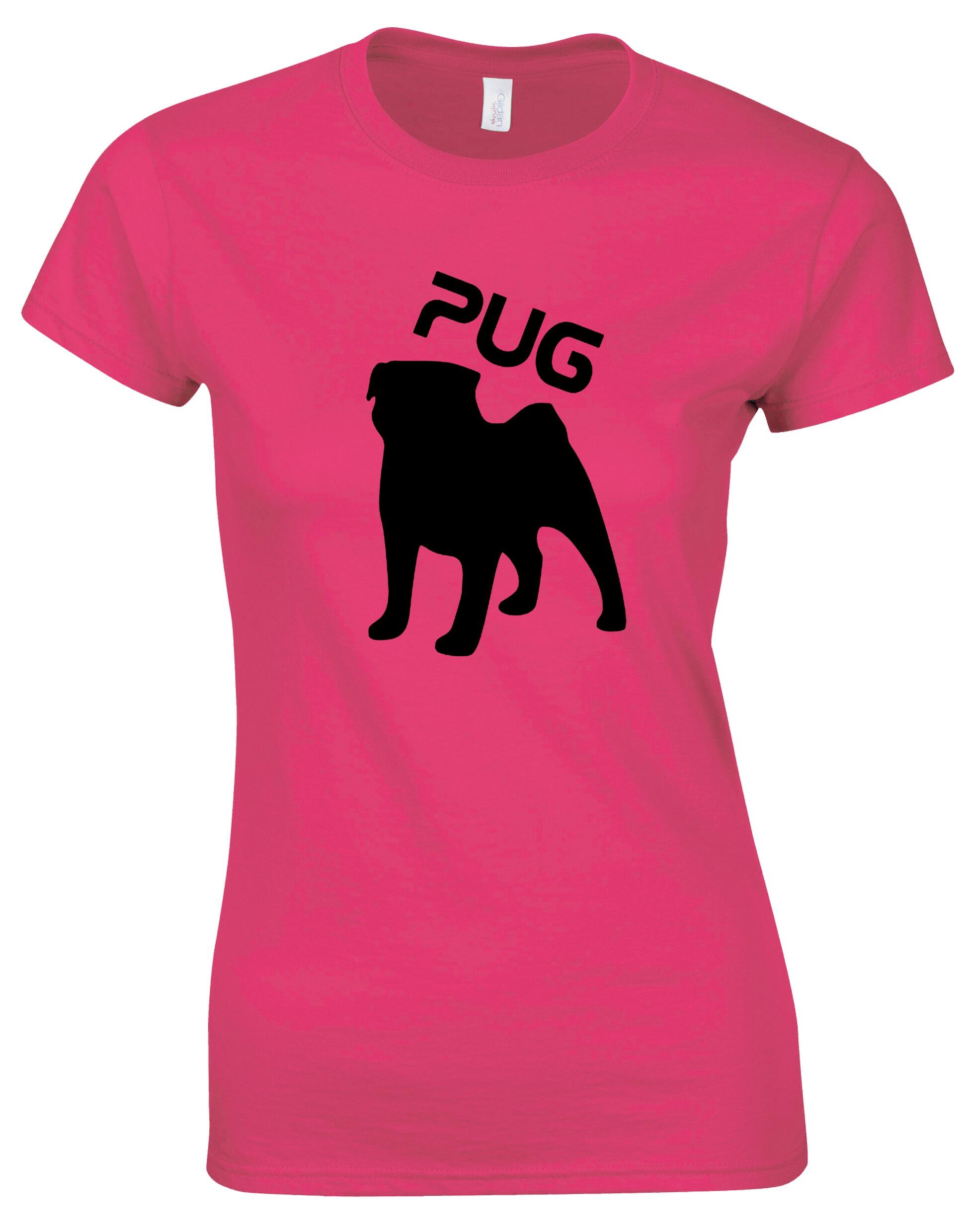 Female Roundneck T-shirt featuring an exclusive Pug (Silhouette) design, crafted from premium breathable cotton for all-day comfort and a flattering feminine fit, perfect for Pug enthusiasts.