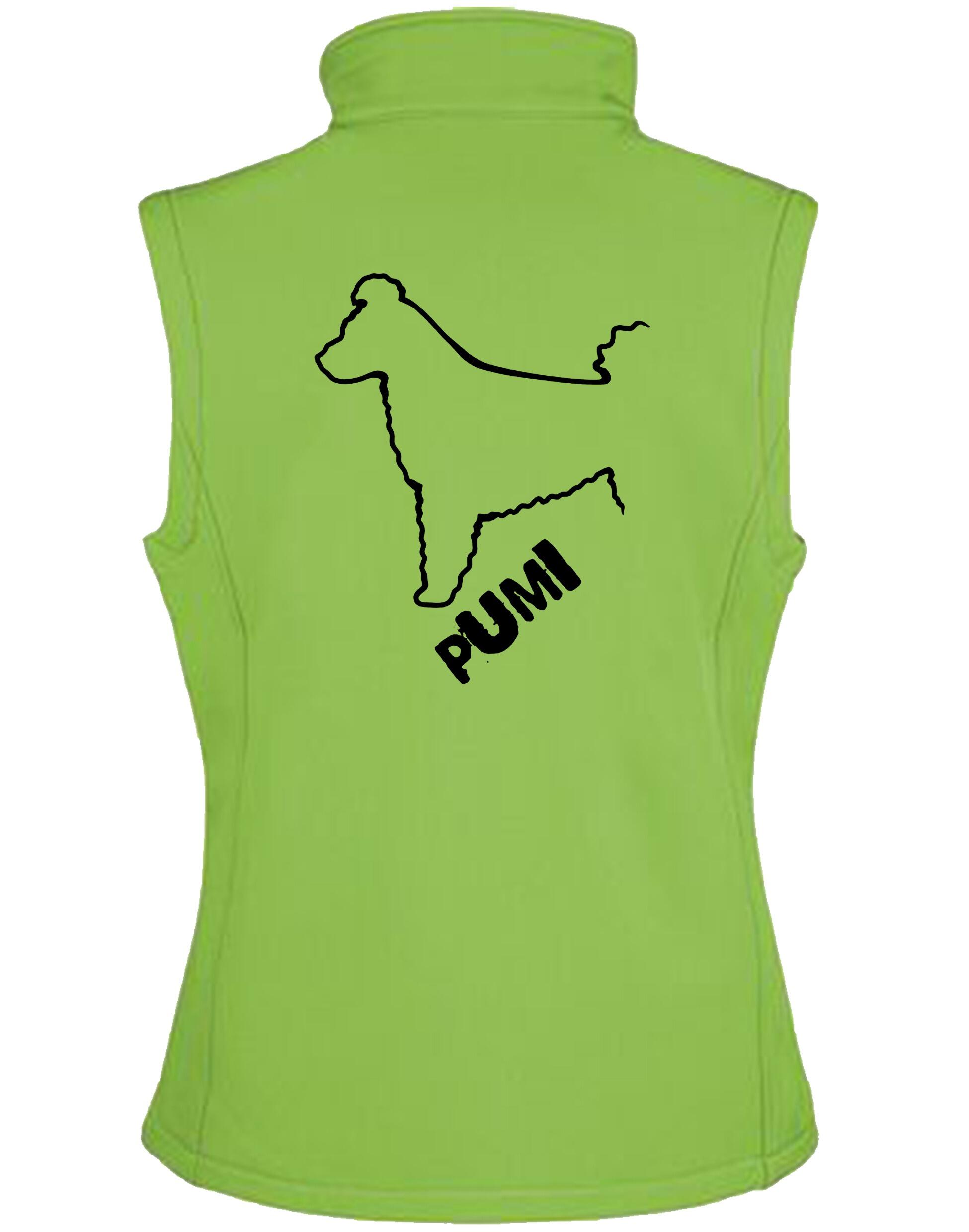 Women's Hungarian Pumi Softshell Gilet featuring exclusive breed artwork with personalization options, crafted from premium water-resistant fabric with a full-zip front and side pockets for stylish, practical outdoor wear.