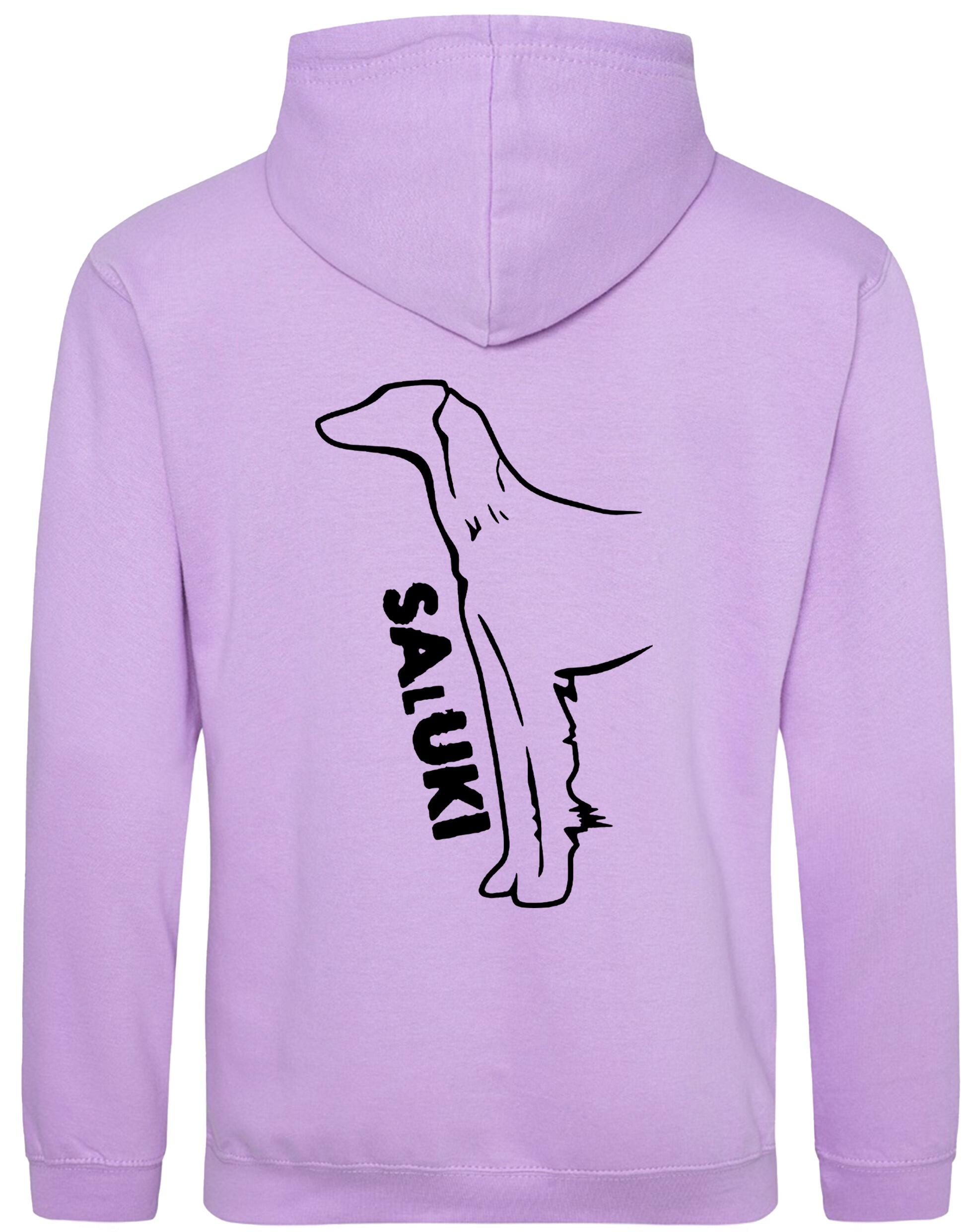 Saluki Design Pullover Hoodie featuring exclusive breed artwork, soft fleece interior, heavy-blend fabric, kangaroo pouch pocket, ribbed cuffs, and double-fabric hood with personalization options for breed enthusiasts.