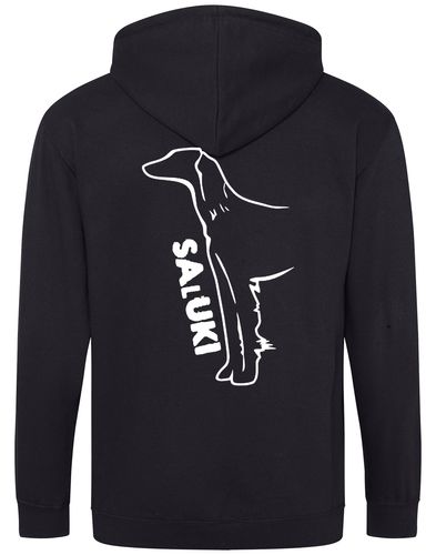 Saluki Zipped Hoodie featuring exclusive breed artwork, soft fleece interior, heavy-blend fabric, full-zip closure, double-fabric hood, spacious front pockets, and personalization options for breed enthusiasts.