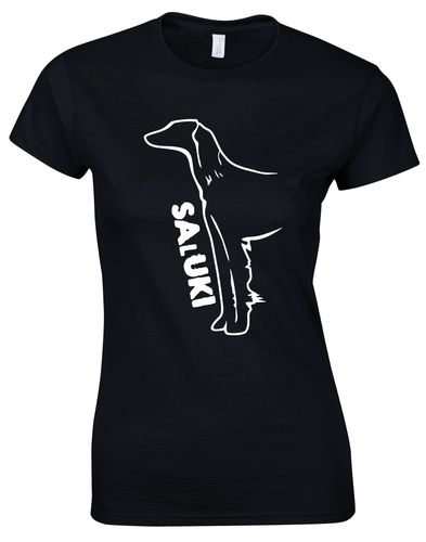 Saluki Female Roundneck T-shirt featuring exclusive breed artwork, soft breathable cotton fabric, flattering feminine fit, and classic round neckline for comfort, style, and breed pride.