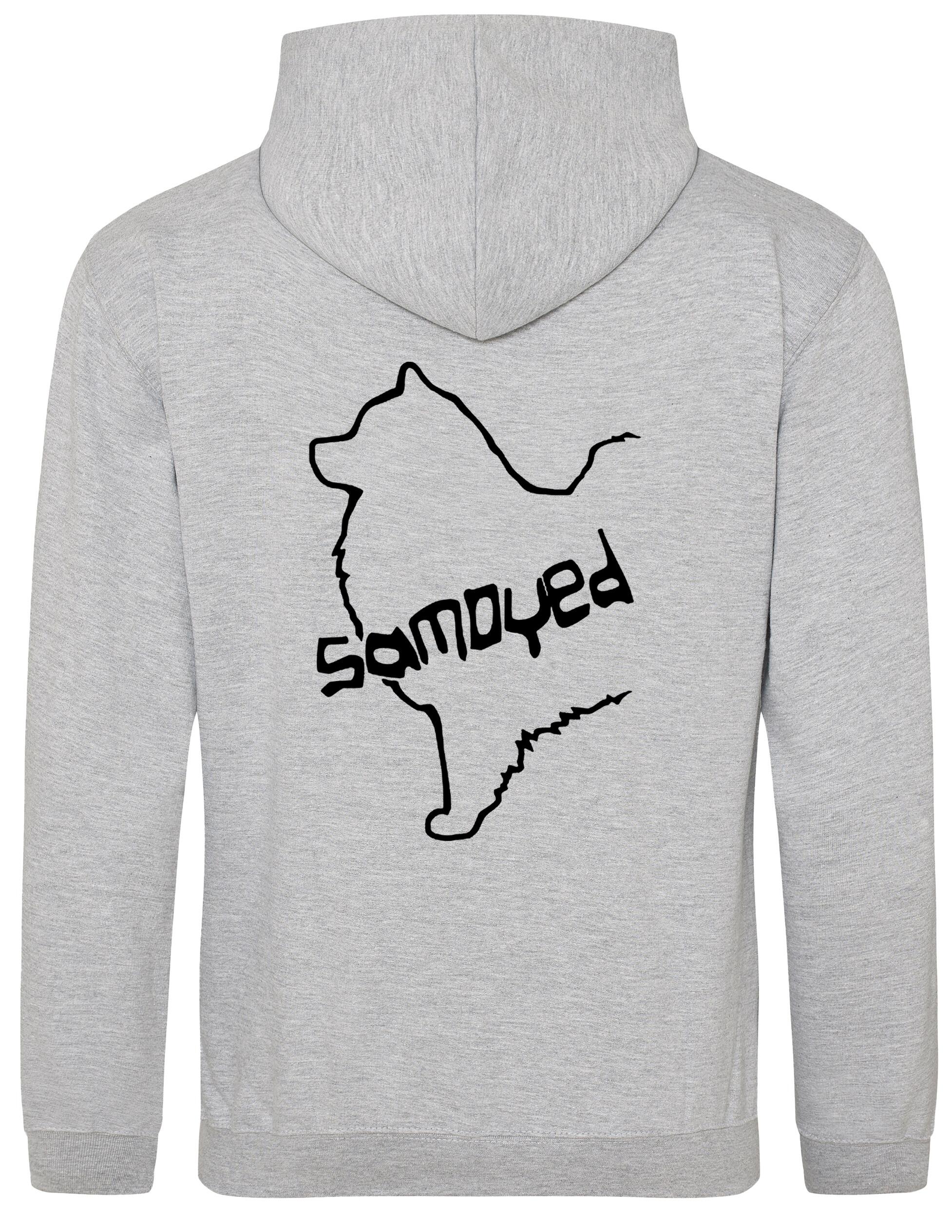 Samoyed Design Pullover Hoodie featuring exclusive breed artwork, soft fleece interior, heavy-blend fabric, kangaroo pouch pocket, ribbed cuffs, and double-fabric hood with personalization options for breed enthusiasts.