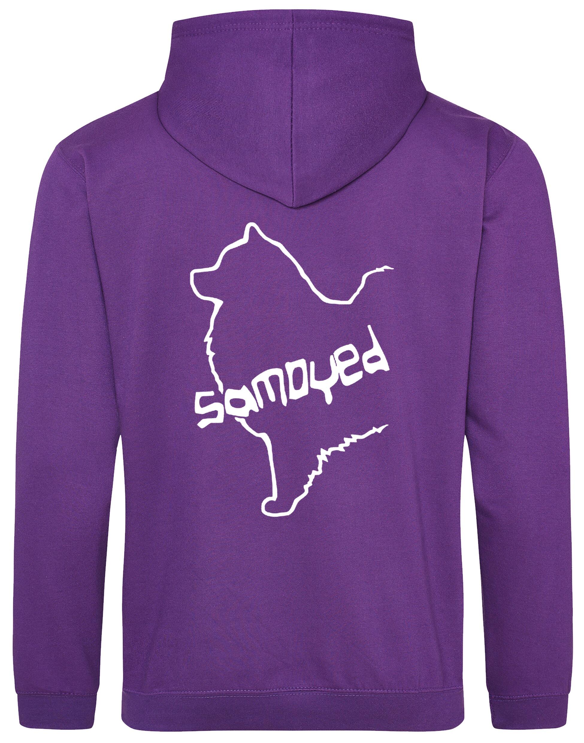 Samoyed Design Pullover Hoodie featuring exclusive breed artwork, soft fleece interior, heavy-blend fabric, kangaroo pouch pocket, ribbed cuffs, and double-fabric hood with personalization options for breed enthusiasts.