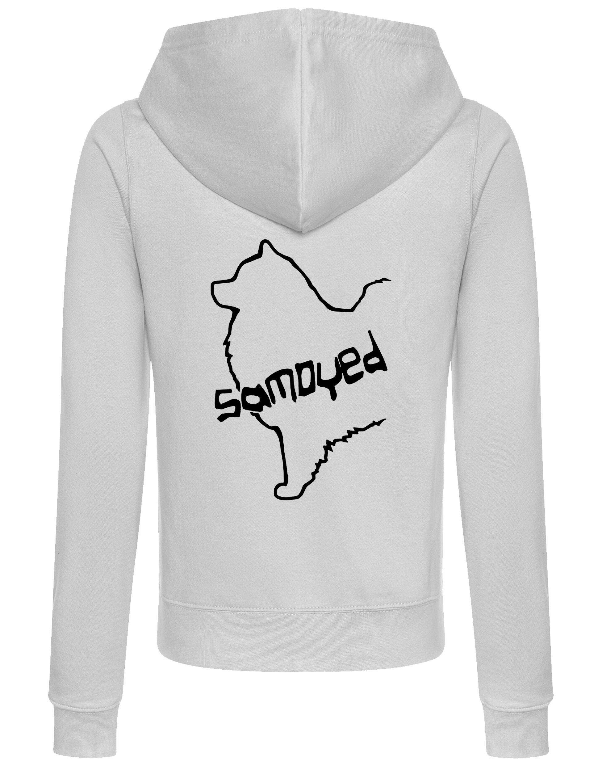 Samoyed Women’s Zipped Hoodie featuring exclusive breed artwork, soft breathable fabric, feminine fit, full-zip closure, cozy hood, and practical front pockets for stylish comfort and breed pride.