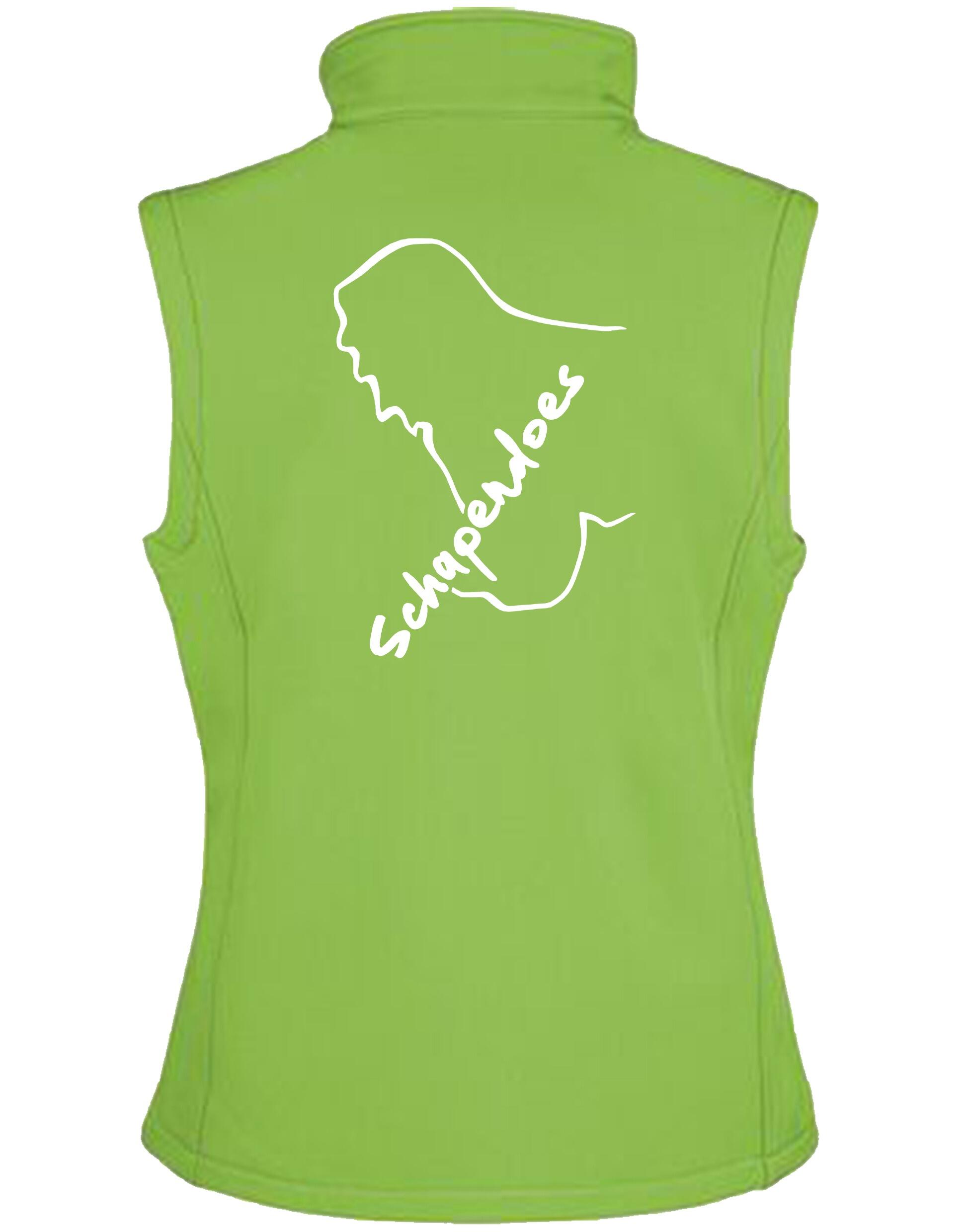 Schapendoes Women’s Softshell Gilet featuring exclusive breed artwork, water-resistant fabric, flattering tailored fit, full-zip front, and personalization options designed for stylish comfort and breed pride.