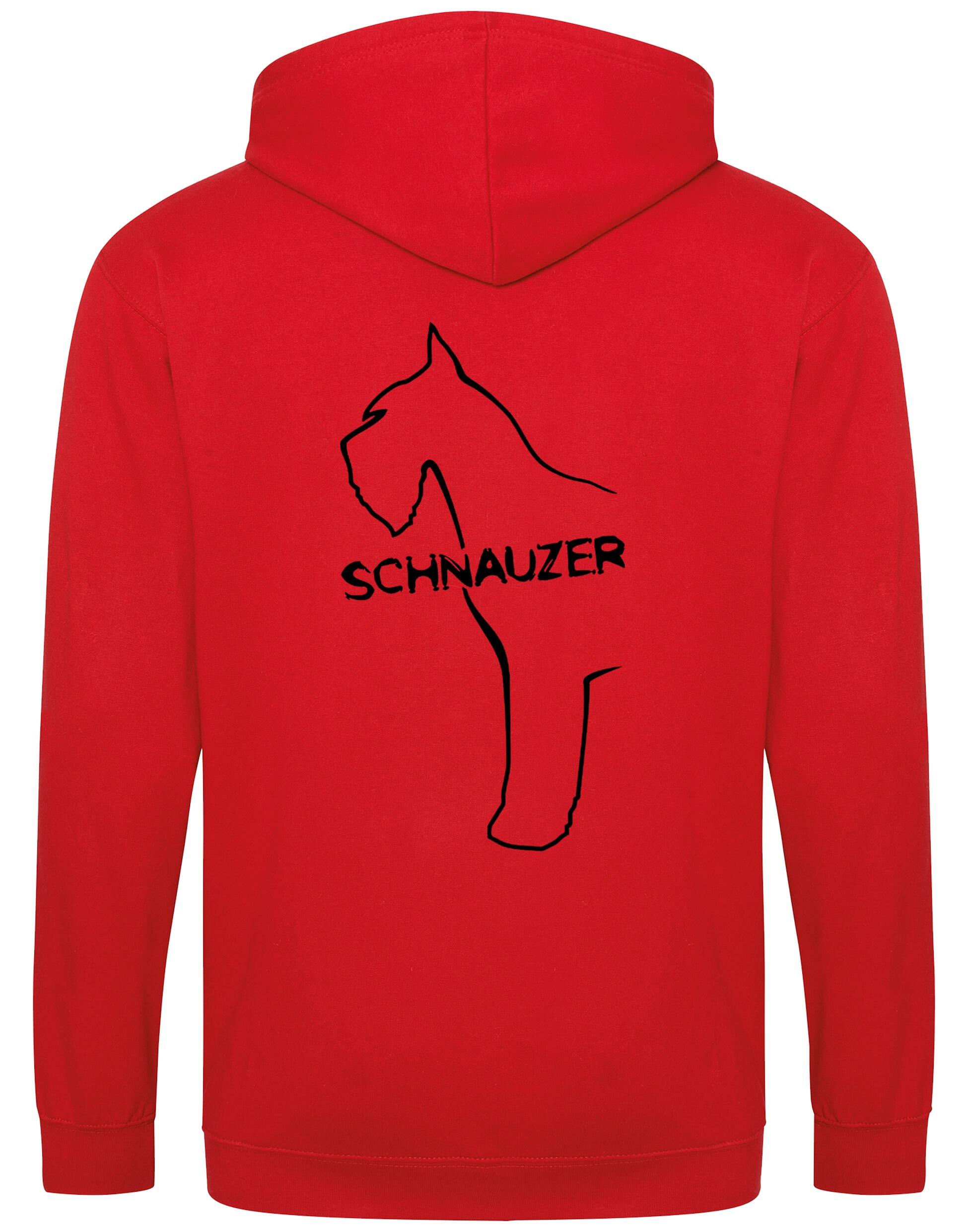 Schnauzer Zipped Hoodie featuring exclusive breed artwork on the back and paw prints on the front, made from durable heavy-blend fabric with a cozy brushed fleece interior, full-zip closure, double-fabric hood, and spacious front pockets.