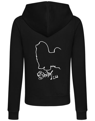 Women’s zipped hoodie featuring detailed Shih Tzu artwork on the back, full-zip closure, feminine fit, hood, and front pockets—designed for comfort and style for dog lovers.