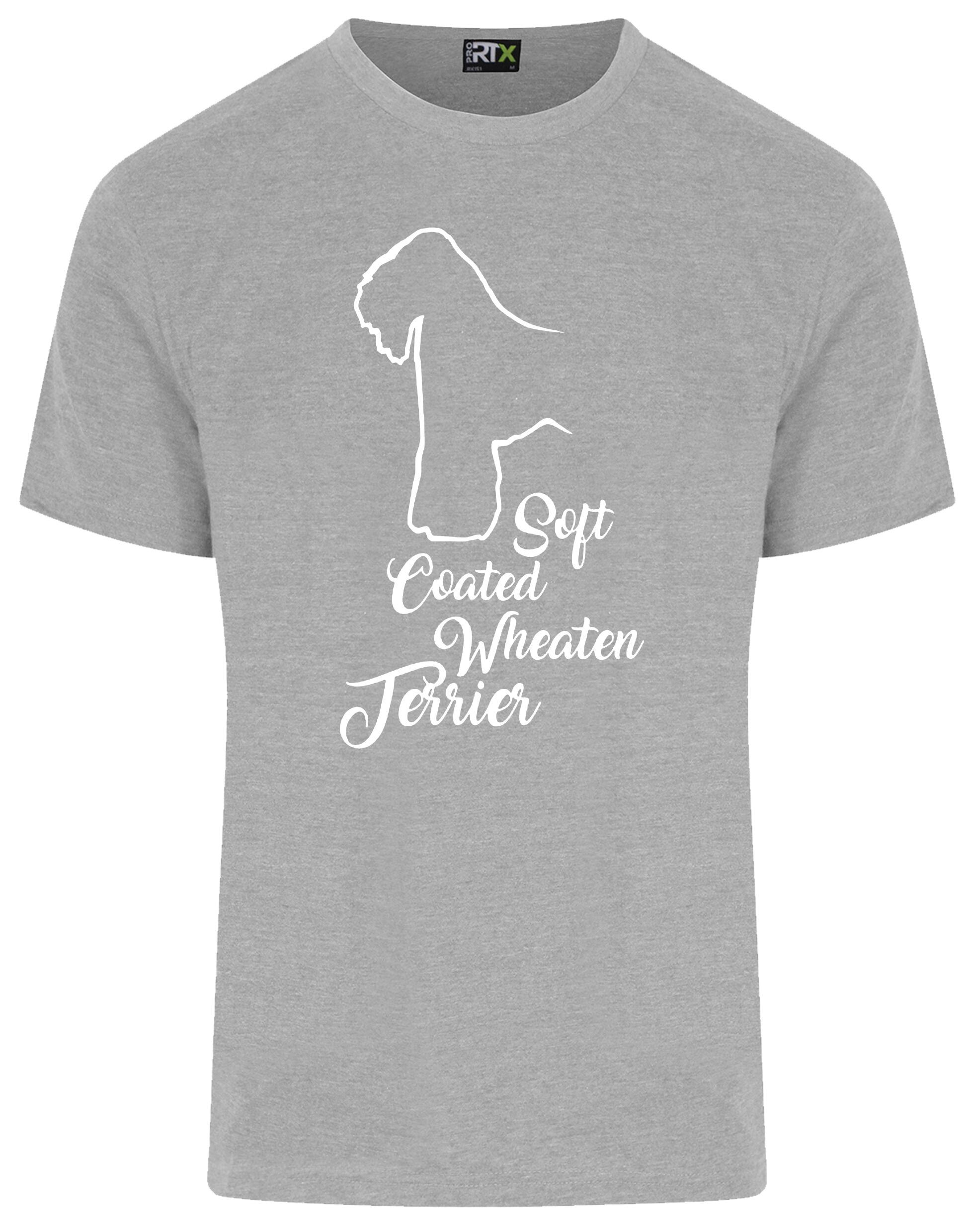Unisex roundneck T-shirt with Soft Coated Wheaten Terrier artwork on the front, breathable cotton with relaxed fit