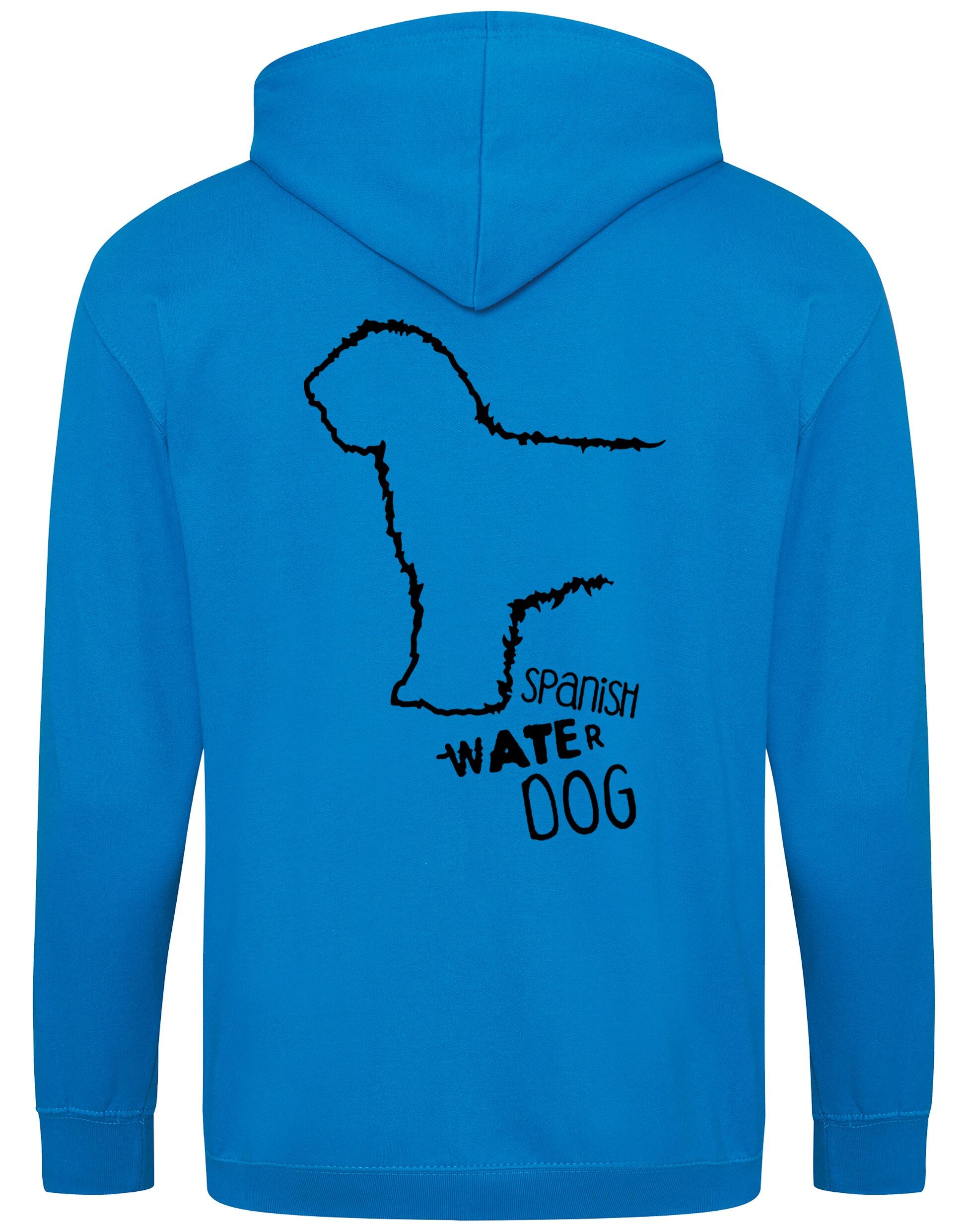 Unisex zipped hoodie featuring exclusive Spanish Water Dog artwork on the back and paw prints on the front. Made from soft fleece-lined fabric with a double-layered hood, full-zip front, and roomy pockets—ideal for breed enthusiasts and everyday wear.