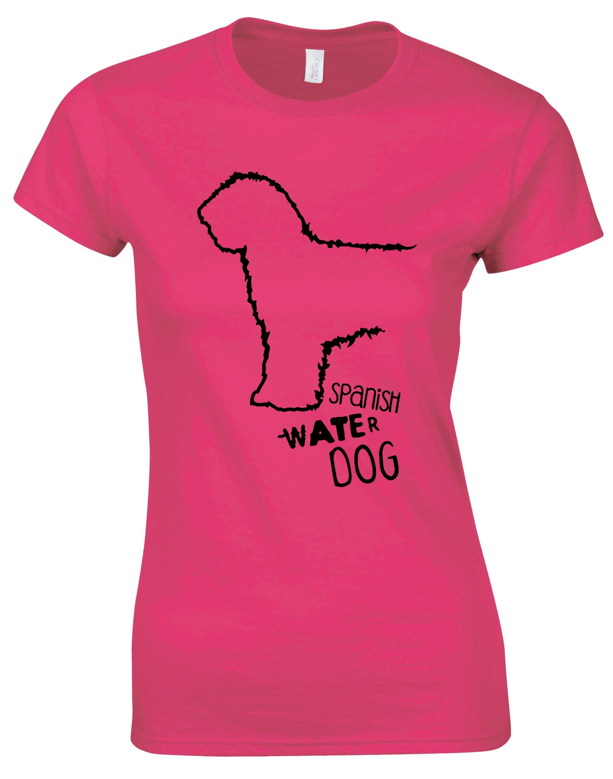 Female Roundneck T-shirt featuring Spanish Water Dog artwork on the front. Made from soft, breathable cotton with a tailored feminine fit and classic round neckline—perfect for breed lovers.
