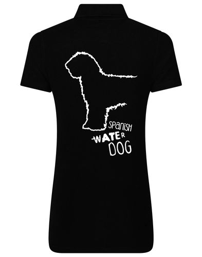 Women’s Cotton Polo featuring a detailed Spanish Water Dog design printed on the back. Lightweight and breathable with a tailored feminine fit, ideal for casual outings, dog shows, and breed enthusiasts.