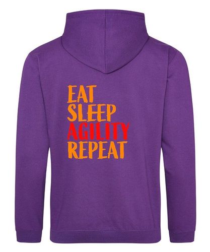 Eat Sleep Agility Repeat Design on a Purple Pullover Hoodie Orange Print